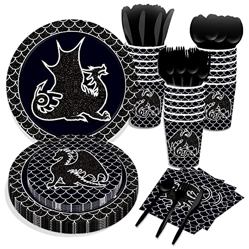 116 Pcs Black Dragon Party Supplies Tableware Including Dragon Party Paper Plates Dinner Plates Napkins Cups Set for Black Dragon Birthday Party Supplies, Dragon Fantasy Party Supplies 16 Guests