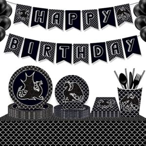 116 Pcs Black Dragon Party Supplies Tableware Including Dragon Party Paper Plates Dinner Plates Napkins Cups Set for Black Dragon Birthday Party Supplies, Dragon Fantasy Party Supplies 16 Guests