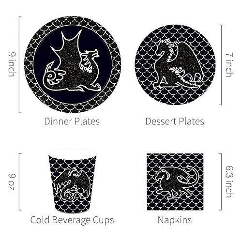 116 Pcs Black Dragon Party Supplies Tableware Including Dragon Party Paper Plates Dinner Plates Napkins Cups Set for Black Dragon Birthday Party Supplies, Dragon Fantasy Party Supplies 16 Guests