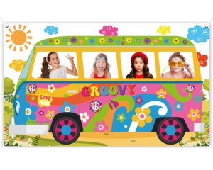 60's hippie bus photo prop 60s party decorations large fabric retro groovy van prop hippie selfie frame backdrop background banner birthday party supplies retro 60s 70s party favors 65.8 x 35.4 inch