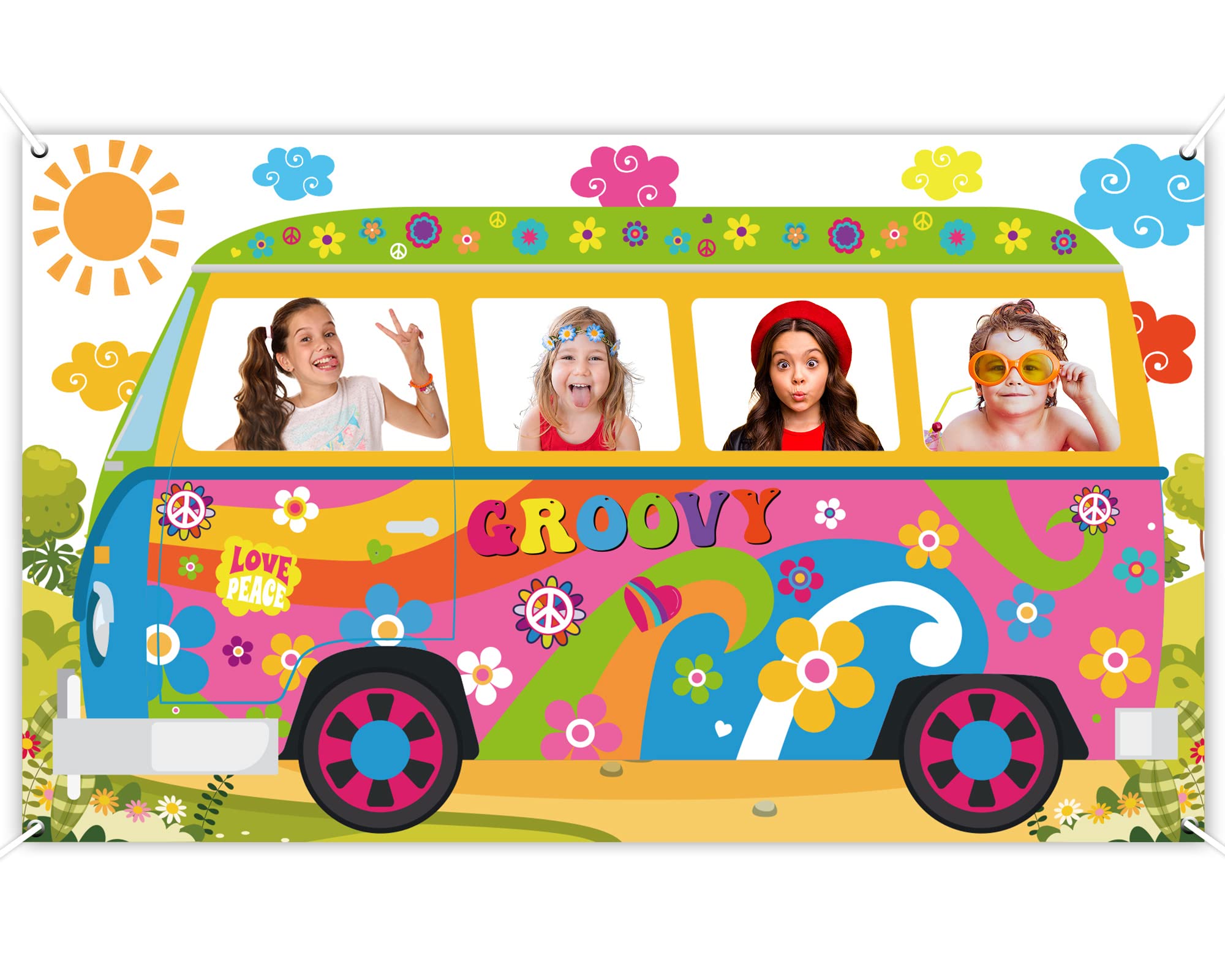 60's Hippie Bus Photo Prop 60s Party Decorations Large Fabric Retro Groovy Van Prop Hippie Selfie Frame Backdrop Background Banner Birthday Party Supplies Retro 60s 70s Party Favors 65.8 x 35.4 Inch