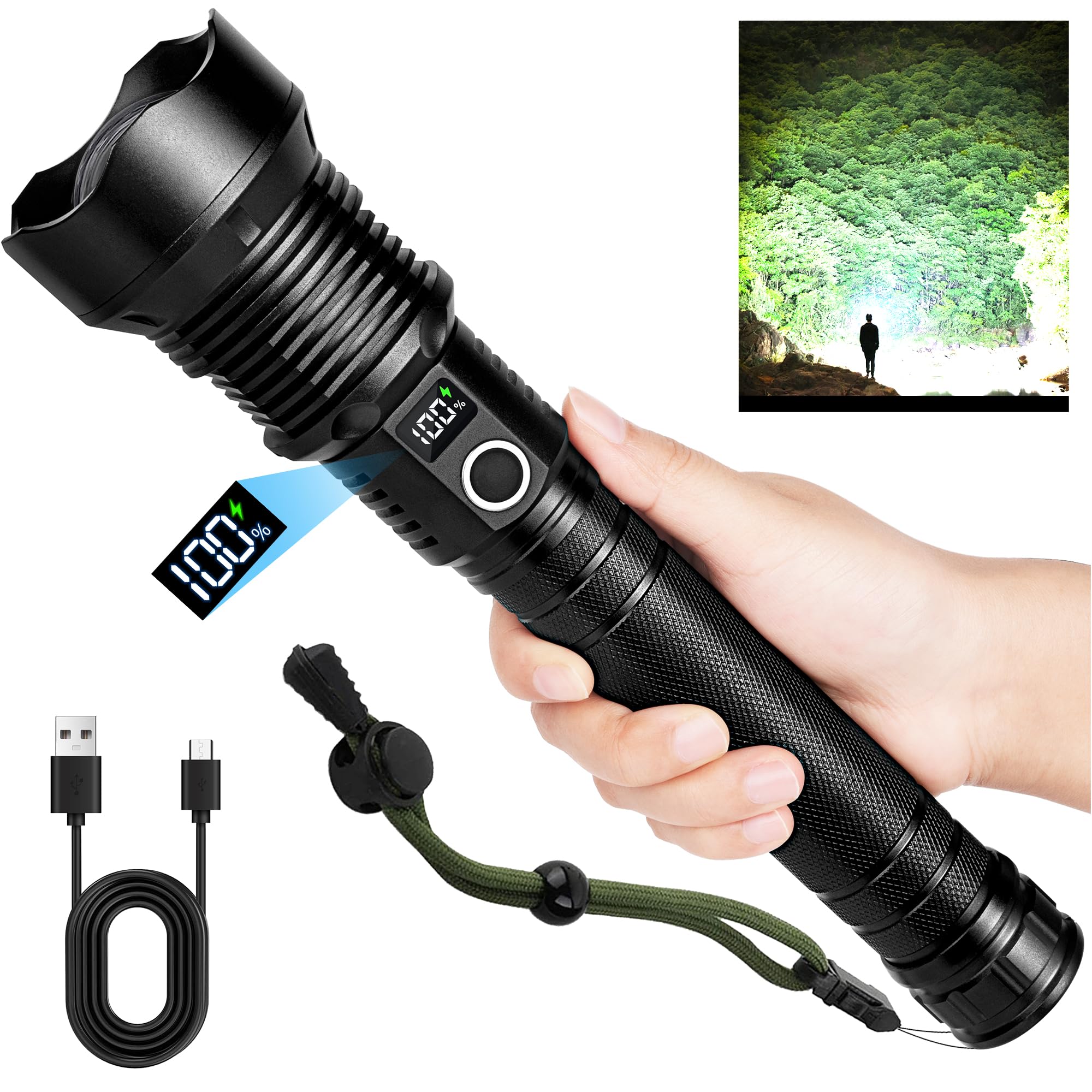 Rechargeable LED Flashlights High Lumens: 900,000 High Lumen Flash Light with Digital Display & 5 Modes, IPX7 Waterproof, 10000mAh, Bright Flashlight for Home, Camping, Emergency