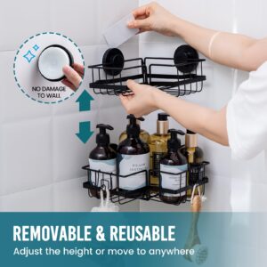 TAILI Corner Shower Caddy Suction Cups 2 Pack with Hooks Heavy Duty, Shower Shelf Basket Wall Mounted Organizer for Bathroom, Rustproof Stainless Steel Shower Rack, Drill-Free Removable