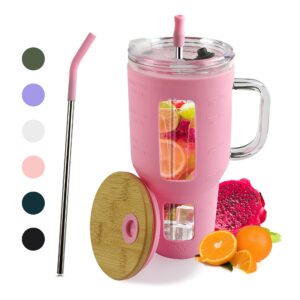 32 oz glass tumbler with bamboo mug 2 straws & 2 lids, reusable glass water bottles with handle, iced coffee cup with silicone sleeve, boba and drinking straw fits in car cup holder bpa free,pink