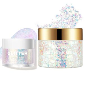 lemonsac holographic body glitter gel for body, face, hair and lip glitter makeup. color changing glitter gel under light with a non color changing glitter gel (2# sparkling pink+pearl white)