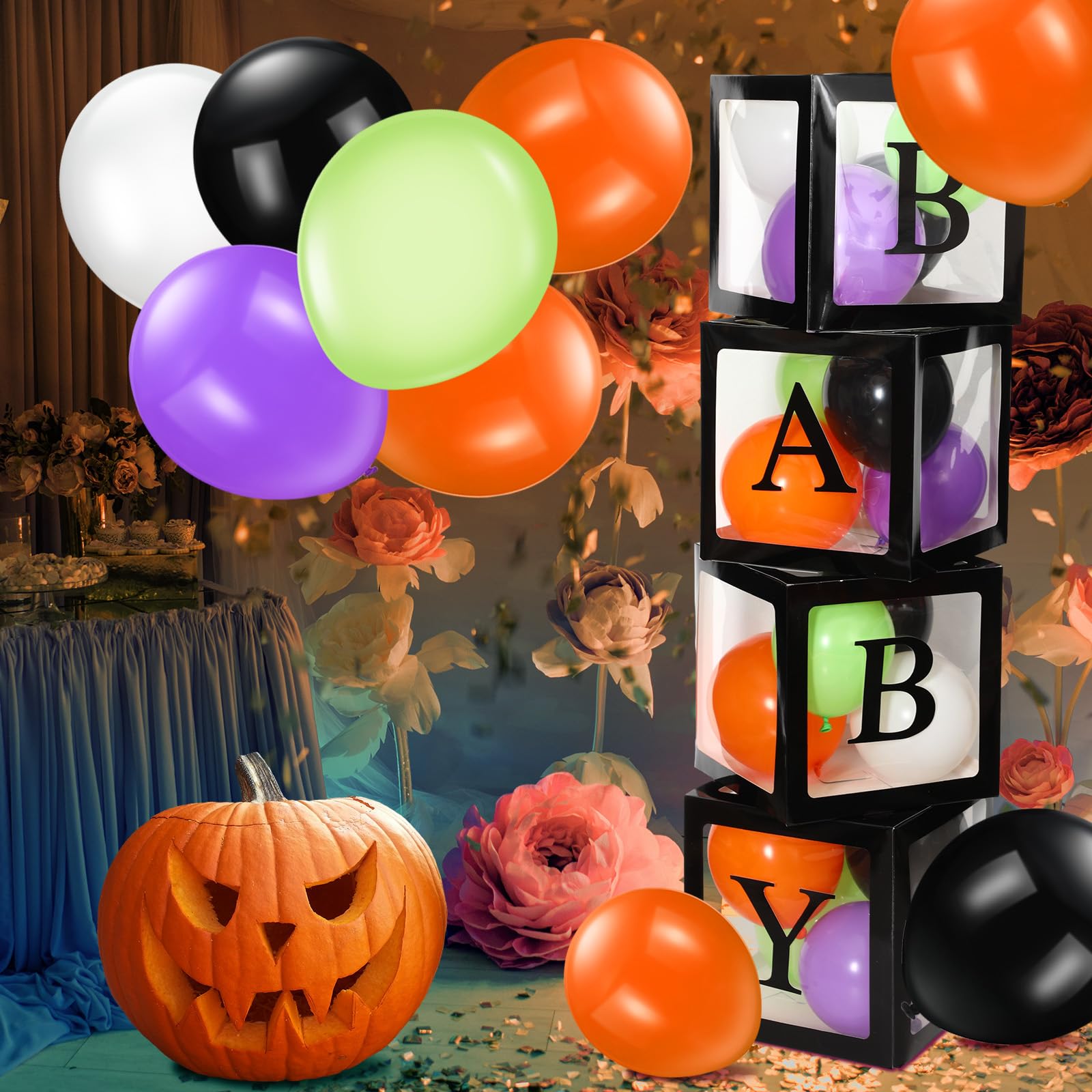 Jenaai 44 Pcs Halloween Baby Shower Party Decorations 4 Pcs Black Transparent Balloon Boxes with Baby Letters 40 Pcs 10 Inch Balloons for Halloween Gender Reveal Party Supplies