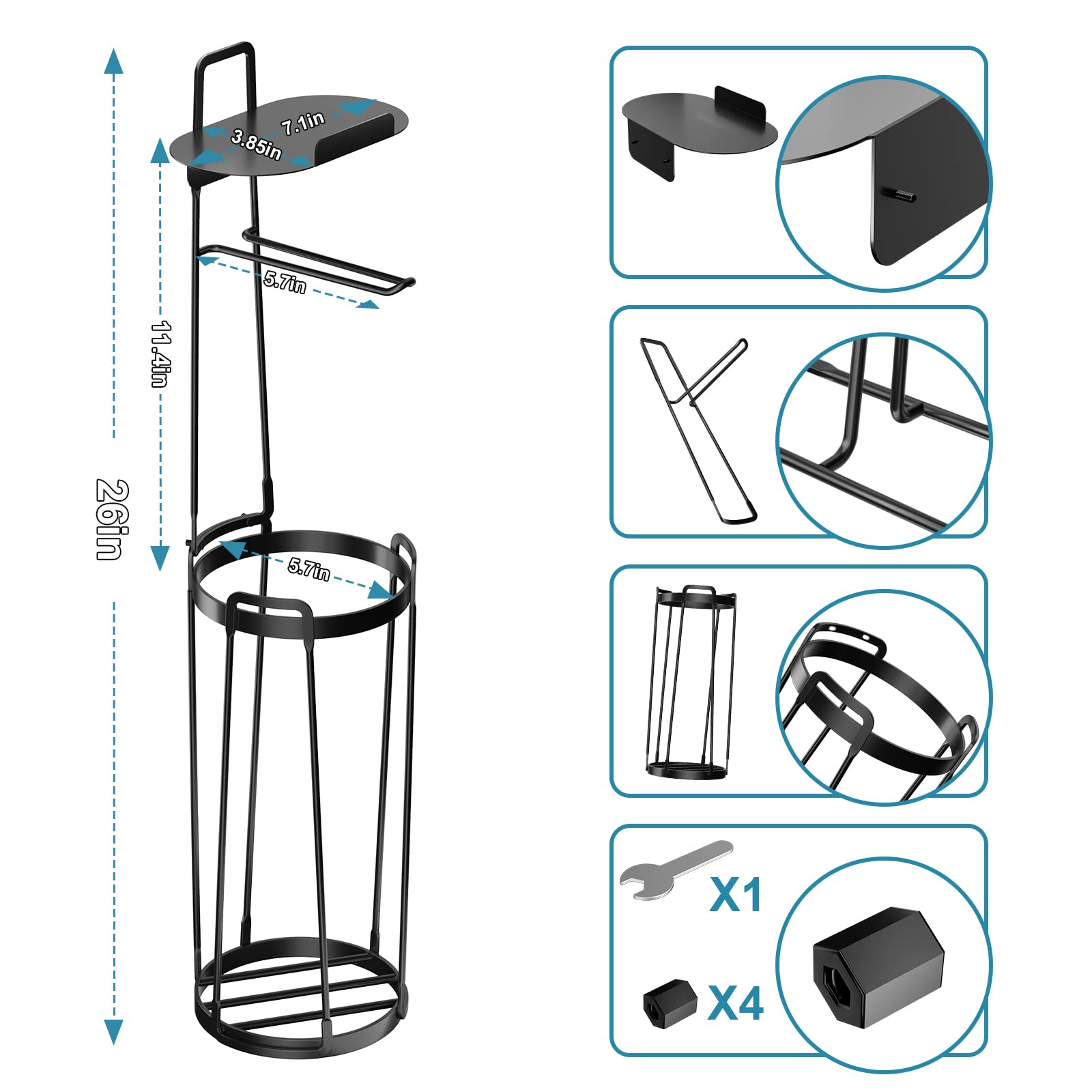 ROLABAM Heavy Weighted Toilet Paper Holder (with Reserve Function and Shelf) Free Standing Toilet Paper Storage，Spare Tissue Paper Roll Holder Storage Stand for Bathroom Total Height 26" ，Matte Black