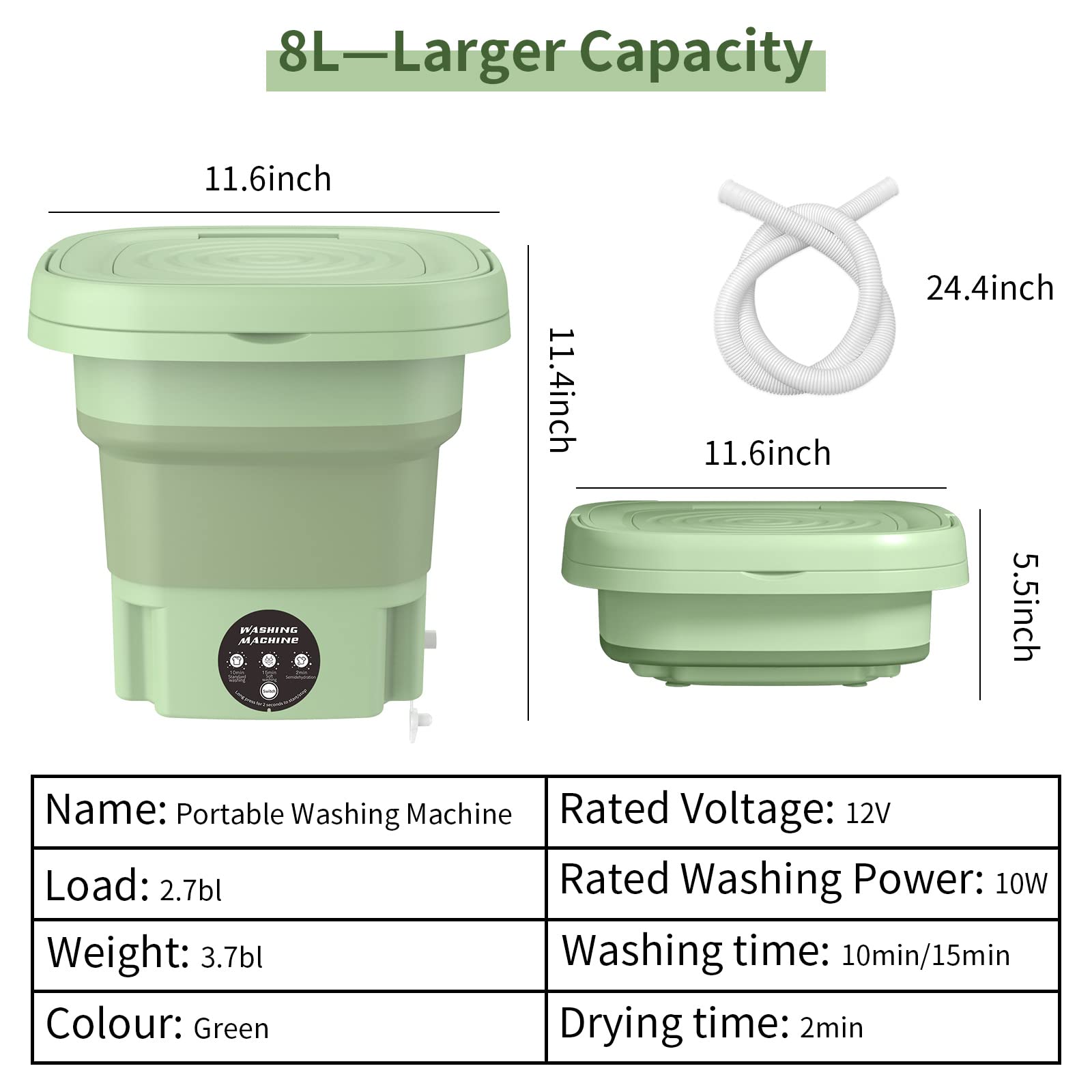 Portable Washing Machine,Foldable Mini Washing Machine,Portable Washer for Underwear,Socks,Baby Clothes,Towels,Pet Items,Apartment,Hotel,RV,Travel,Home,Dormitory,Camping,Sickroom,8L,Green