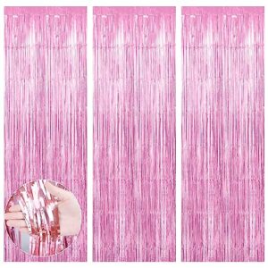 fringe backdrop, pink backdrop, foil fringe curtains, 3 pcs 3.3x6.6ft tinsel curtain backdrop streamers for valentine's day birthday wedding bachelorette party supplies graduation decorations