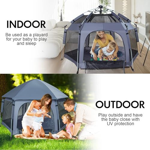 Premium Indoor and Outdoor Baby Playpen - Portable, Lightweight, Pop Up Pack and Play Toddler Play Yard w/Canopy and Travel Bag - Grey