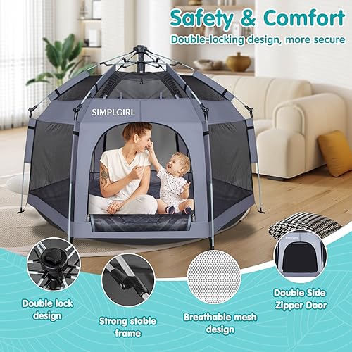 Premium Indoor and Outdoor Baby Playpen - Portable, Lightweight, Pop Up Pack and Play Toddler Play Yard w/Canopy and Travel Bag - Grey