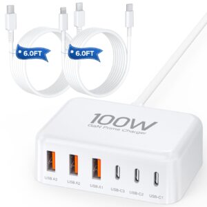 usb c fast charger 100w gan 6 port charging station block hub 3 usb c and 3 qc usb a wall charger adapter plug with 2pack 6ft fast charging cable for ipad iphone 15 14 13 12 pro max pixel note galaxy