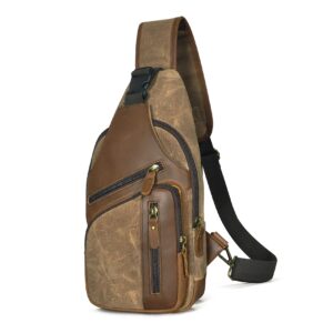 handadsume water resistant canvas + leather hiking travel daypack sling crossbody triangle chest pack bag for men women fb8013 (x-8015-khaki)