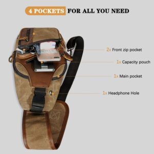 Handadsume Water Resistant Canvas + Leather Hiking Travel DayPack Sling Crossbody Triangle Chest Pack Bag For Men Women FB8013 (X-8015-Khaki)