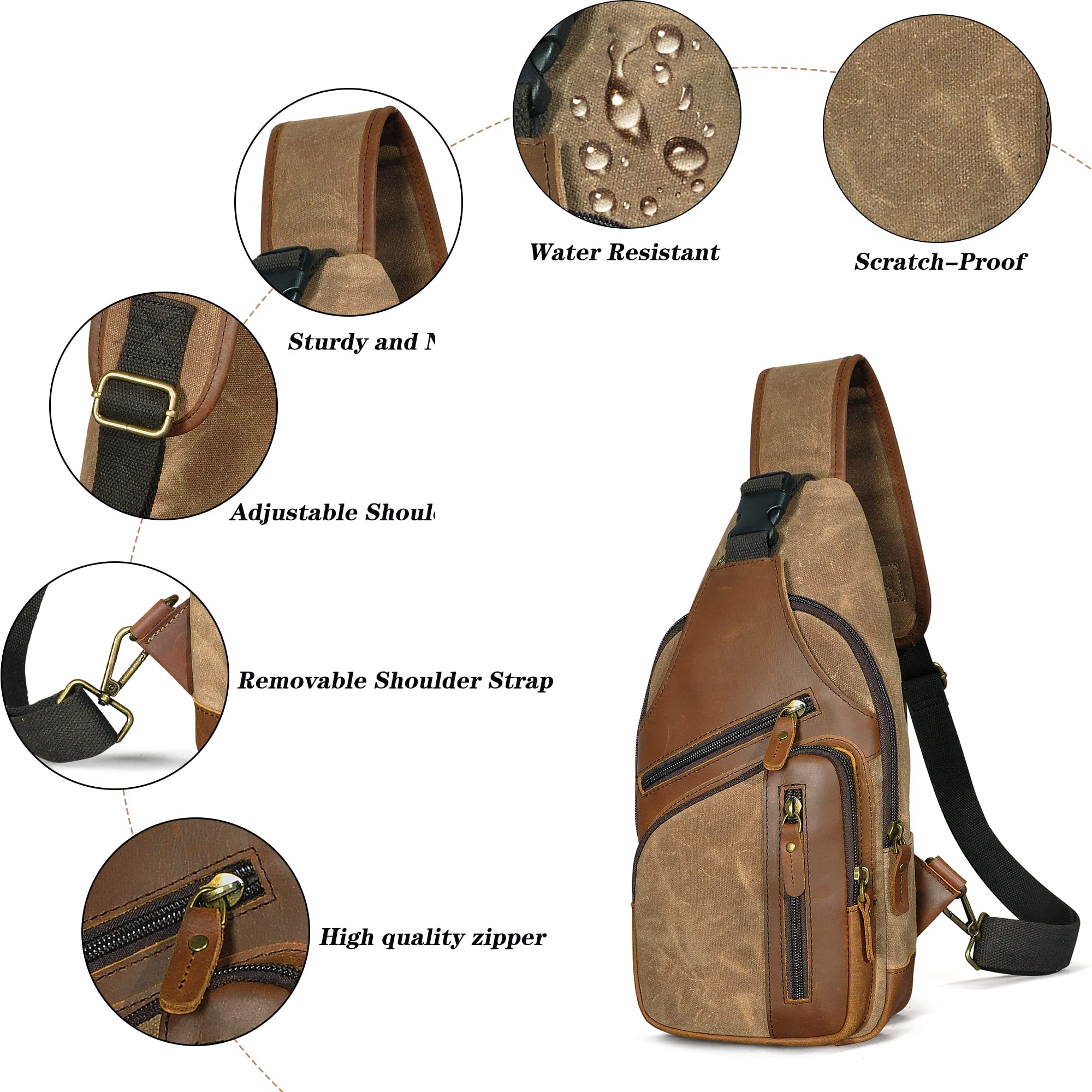 Handadsume Water Resistant Canvas + Leather Hiking Travel DayPack Sling Crossbody Triangle Chest Pack Bag For Men Women FB8013 (X-8015-Khaki)