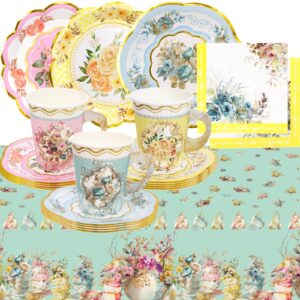 tea party supplies floral party dinnerware tea party decorations 12 paper tea cups and saucers, plates napkins tablecloth