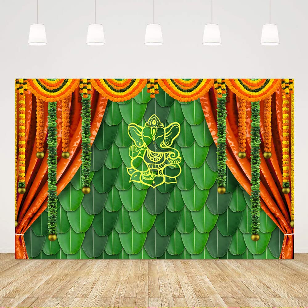 Ticuenicoa 5x3ft India Pooja Traditional Photography Backdrop Banana Leaf Green Chatiya Ganesh Background Puja Ganpati Pooja Mehndi backdrops Decorations Wedding Party Marigold Garlands Photo Props