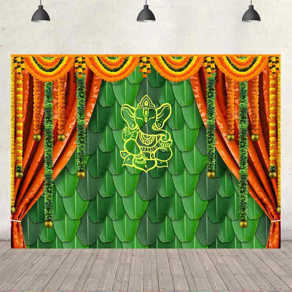 Ticuenicoa 5x3ft India Pooja Traditional Photography Backdrop Banana Leaf Green Chatiya Ganesh Background Puja Ganpati Pooja Mehndi backdrops Decorations Wedding Party Marigold Garlands Photo Props