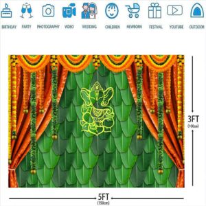 Ticuenicoa 5x3ft India Pooja Traditional Photography Backdrop Banana Leaf Green Chatiya Ganesh Background Puja Ganpati Pooja Mehndi backdrops Decorations Wedding Party Marigold Garlands Photo Props