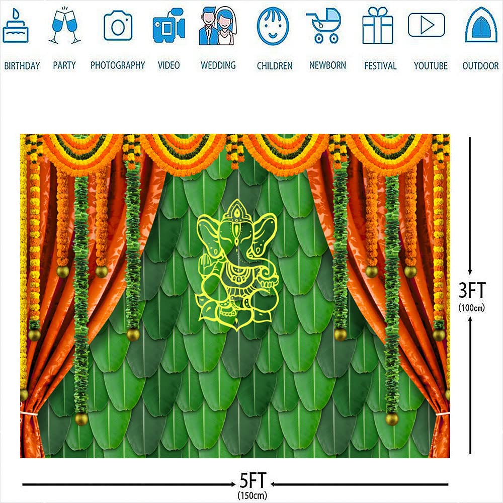 Ticuenicoa 5x3ft India Pooja Traditional Photography Backdrop Banana Leaf Green Chatiya Ganesh Background Puja Ganpati Pooja Mehndi backdrops Decorations Wedding Party Marigold Garlands Photo Props