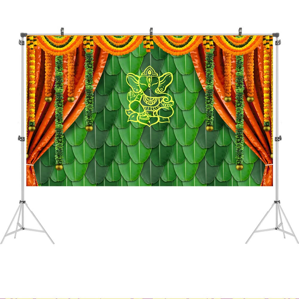 Ticuenicoa 5x3ft India Pooja Traditional Photography Backdrop Banana Leaf Green Chatiya Ganesh Background Puja Ganpati Pooja Mehndi backdrops Decorations Wedding Party Marigold Garlands Photo Props