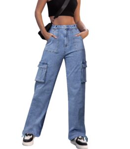 zmpsiisa women high waisted cargo jeans pants wide leg casual denim pants 6 pockets combat military trousers(denim blue,x-large)