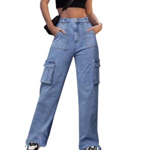 ZMPSIISA Women High Waisted Cargo Jeans Pants Wide Leg Casual Denim Pants 6 Pockets Combat Military Trousers(Denim Blue,X-Large)