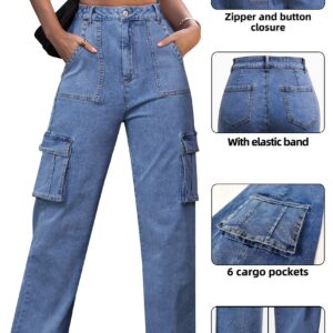 ZMPSIISA Women High Waisted Cargo Jeans Pants Wide Leg Casual Denim Pants 6 Pockets Combat Military Trousers(Denim Blue,X-Large)