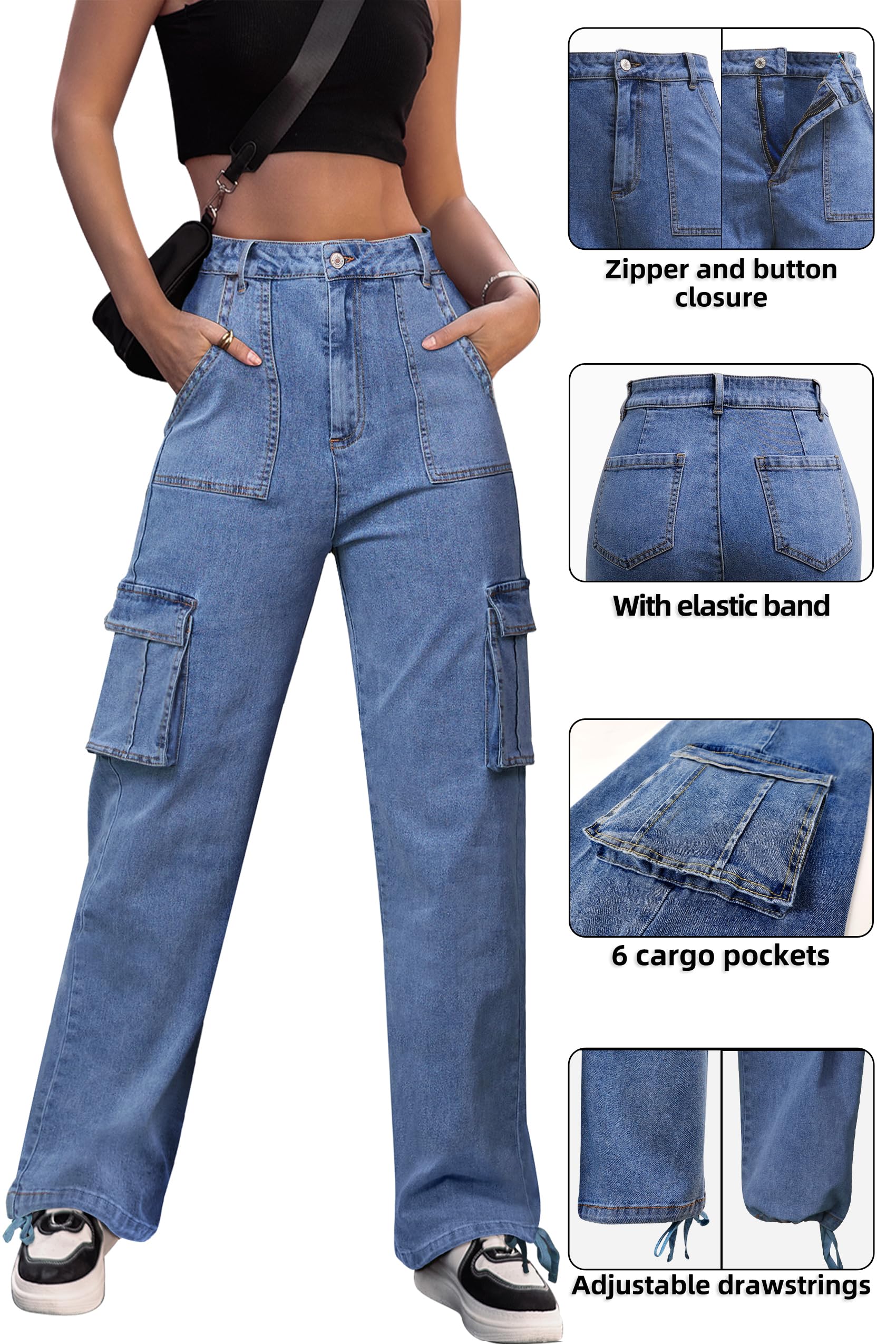 ZMPSIISA Women High Waisted Cargo Jeans Pants Wide Leg Casual Denim Pants 6 Pockets Combat Military Trousers(Denim Blue,X-Large)