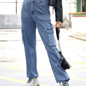 ZMPSIISA Women High Waisted Cargo Jeans Pants Wide Leg Casual Denim Pants 6 Pockets Combat Military Trousers(Denim Blue,X-Large)