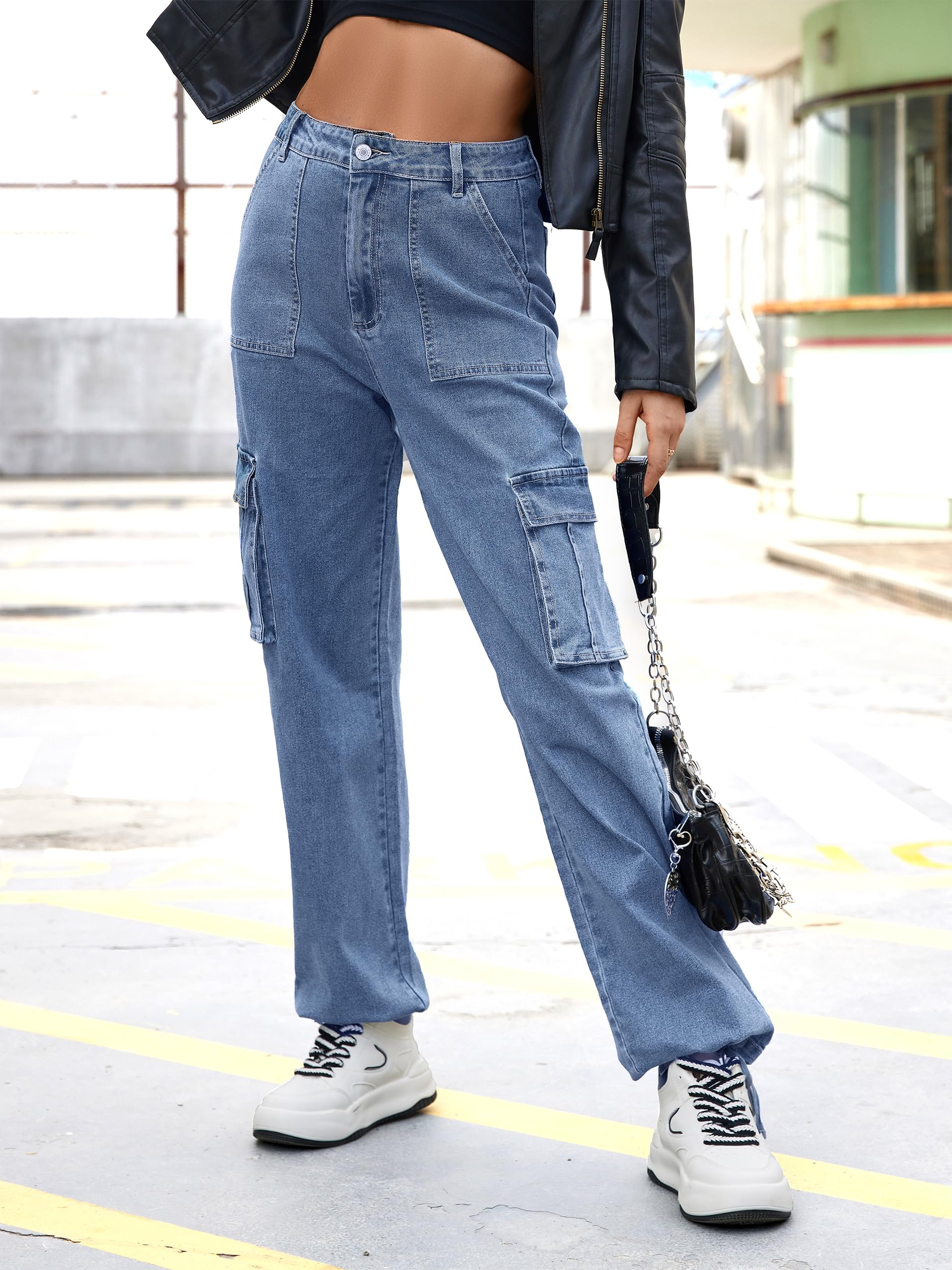 ZMPSIISA Women High Waisted Cargo Jeans Pants Wide Leg Casual Denim Pants 6 Pockets Combat Military Trousers(Denim Blue,X-Large)