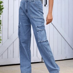 ZMPSIISA Women High Waisted Cargo Jeans Pants Wide Leg Casual Denim Pants 6 Pockets Combat Military Trousers(Denim Blue,X-Large)