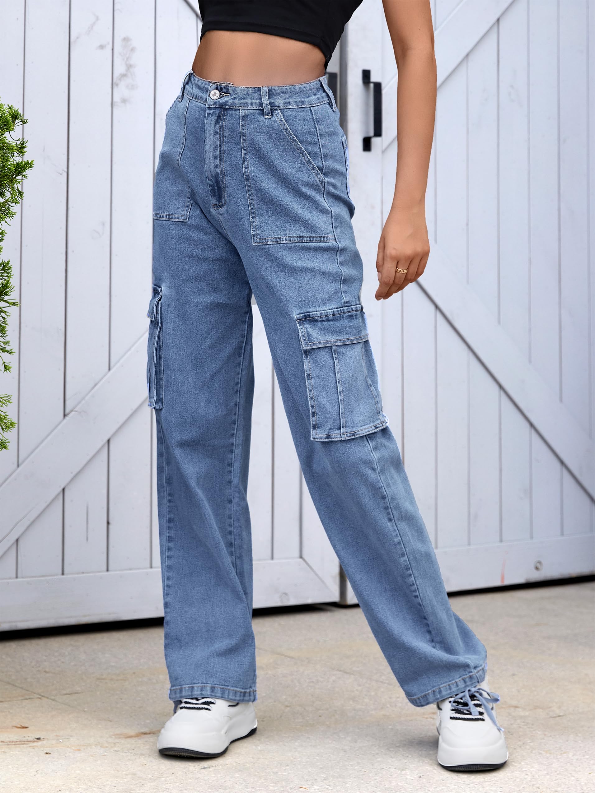 ZMPSIISA Women High Waisted Cargo Jeans Pants Wide Leg Casual Denim Pants 6 Pockets Combat Military Trousers(Denim Blue,X-Large)