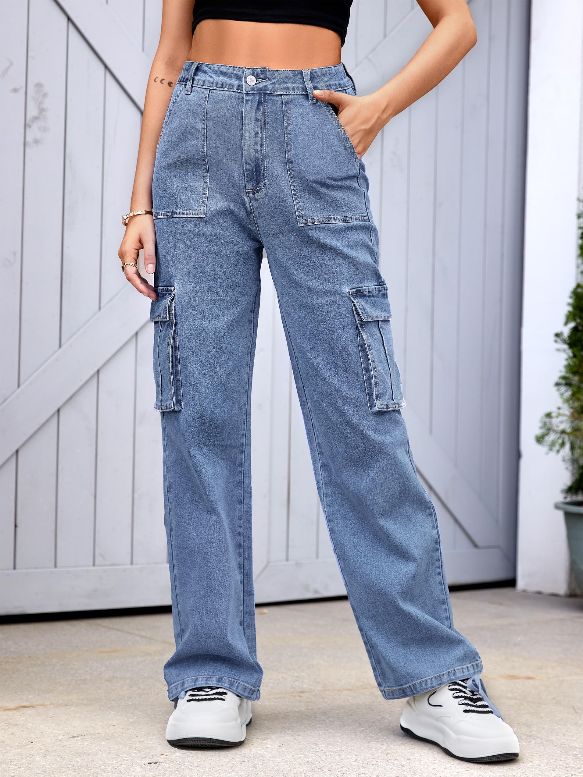 ZMPSIISA Women High Waisted Cargo Jeans Pants Wide Leg Casual Denim Pants 6 Pockets Combat Military Trousers(Denim Blue,X-Large)