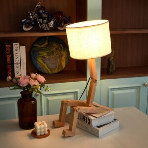 kittmip robot cute desk lamp novelty wooden creative table lamp with wood base adjustable shape bedside fun funky lamp reading wood lamp diy fun robot lamp for bedroom, office, study desk, kids room