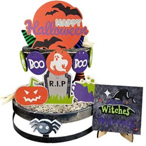 11 Pcs Halloween Tiered Tray Decorations,Halloween Signs for Halloween Home and Office Decor,Halloween Tray Decor with Witch Hat,Ghost,Bat,Tombstone,Pumpkin (1)