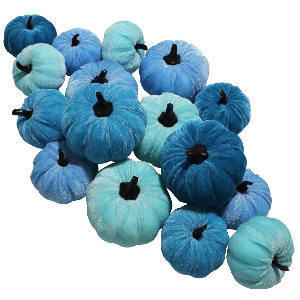 UAUOCU 16 Pumpkin Decor for Home Fall Decoration, Velvet Foam Pumkins for Halloween Baby Shower Wedding Decorating Artificial Craft Farmhouse Kitchen Table Room Bedroom Office Blue Plastic Decorative