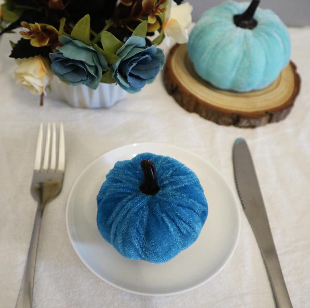 UAUOCU 16 Pumpkin Decor for Home Fall Decoration, Velvet Foam Pumkins for Halloween Baby Shower Wedding Decorating Artificial Craft Farmhouse Kitchen Table Room Bedroom Office Blue Plastic Decorative