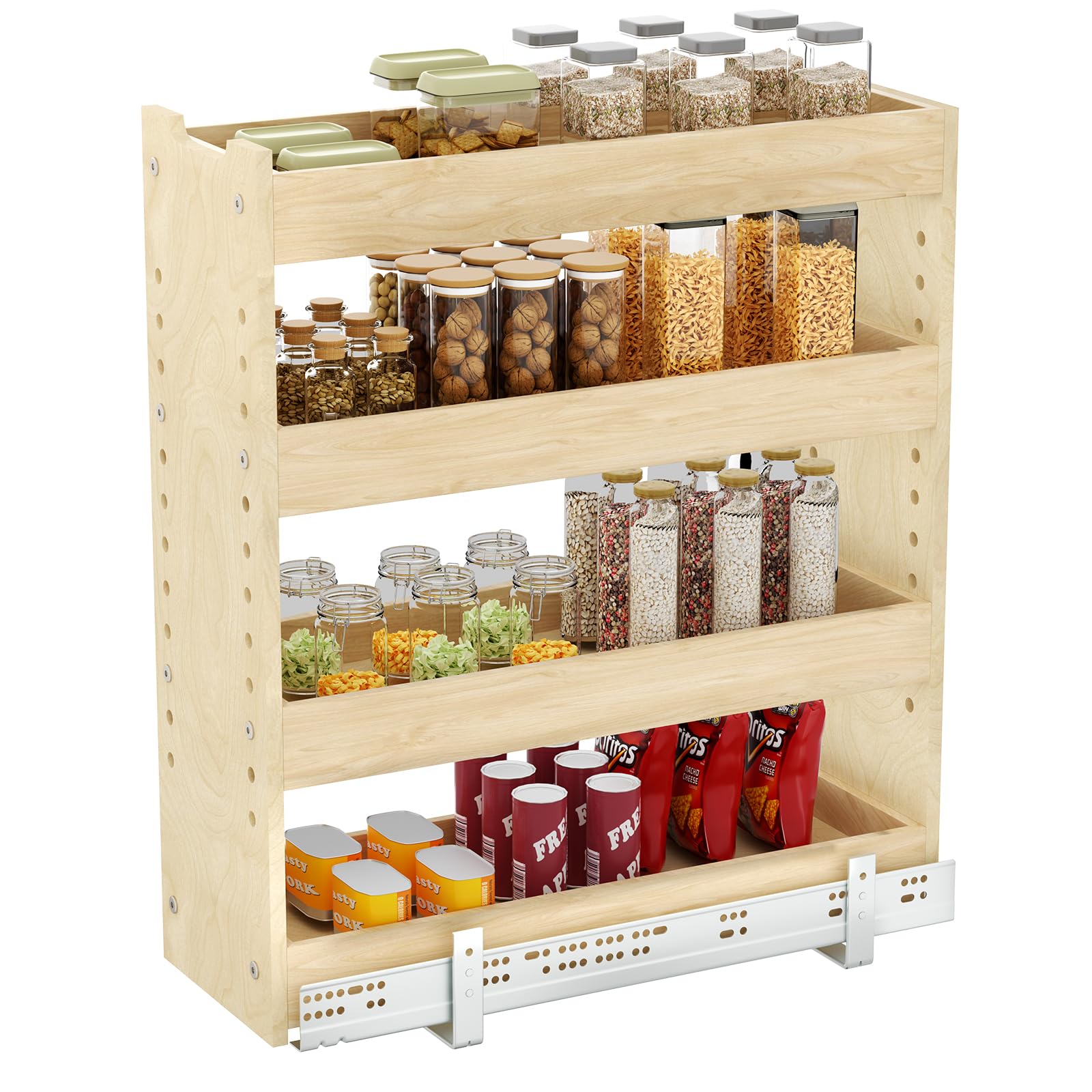 LOVMOR Adjustable Pull Out Cabinet Organizer 7½” W x 24½”H 4-Tier Narrow Cabinet Drawers Slide Out with Soft Close Wood Spice Rack for Narrow Cabinet
