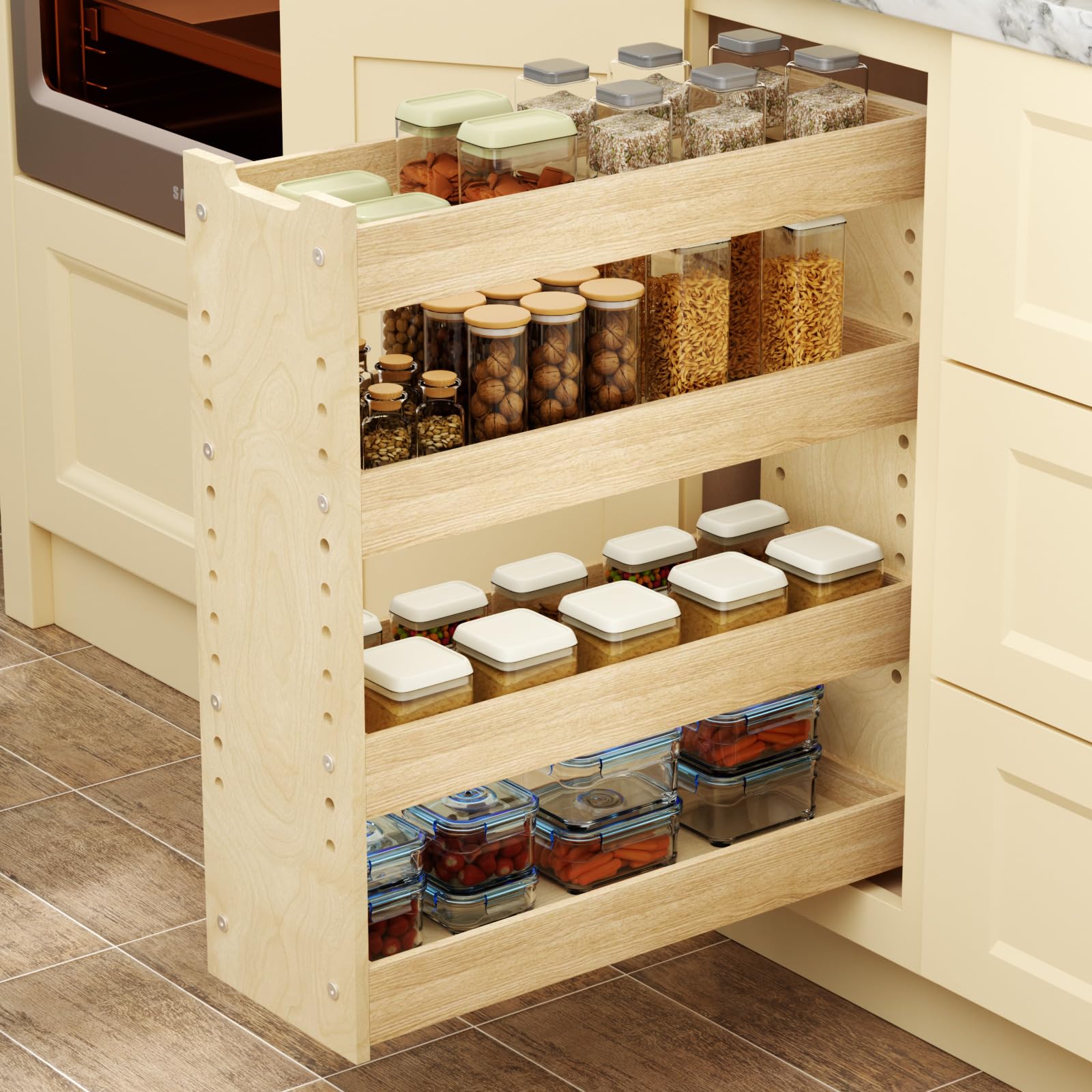 LOVMOR Adjustable Pull Out Cabinet Organizer 7½” W x 24½”H 4-Tier Narrow Cabinet Drawers Slide Out with Soft Close Wood Spice Rack for Narrow Cabinet