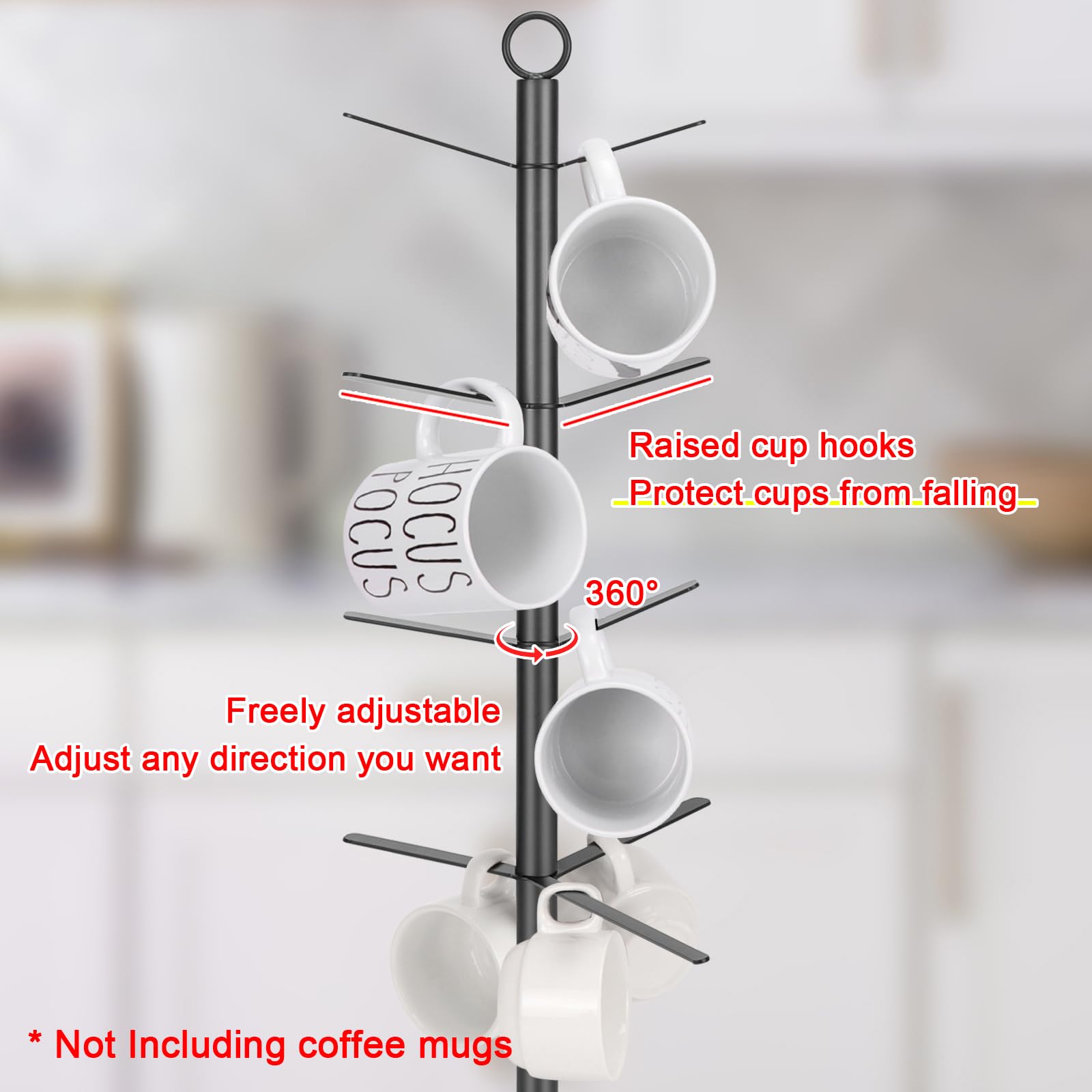 HarJue Mug Holder Tree, Coffee Cup Stand Holder, Thick Base Mug Rack for Kitchen Home Bar Cabinet, 9 Hooks (4-Tier, Matte Black)