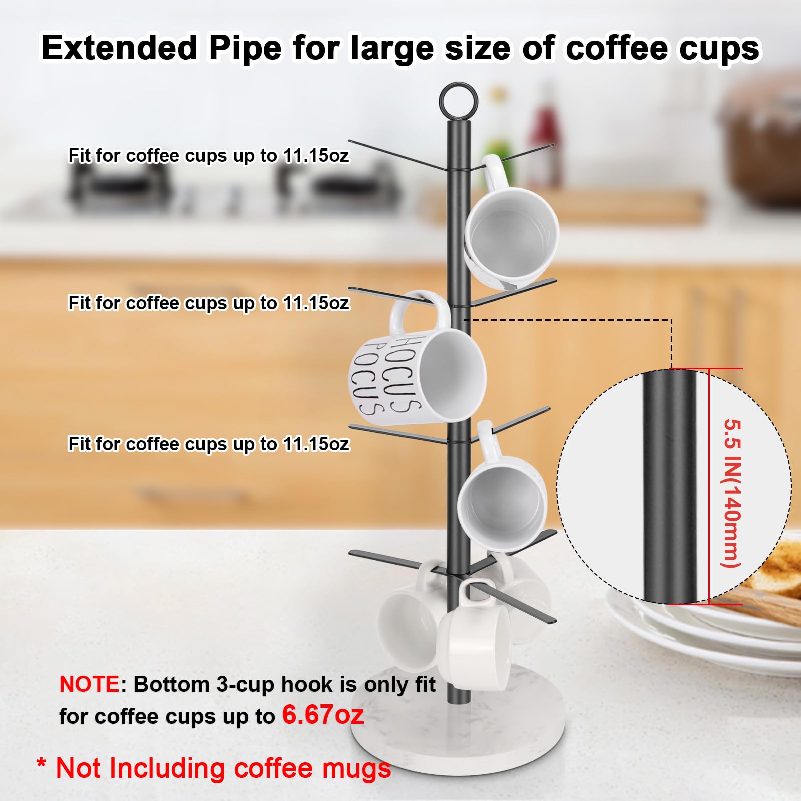 HarJue Mug Holder Tree, Coffee Cup Stand Holder, Thick Base Mug Rack for Kitchen Home Bar Cabinet, 9 Hooks (4-Tier, Matte Black)