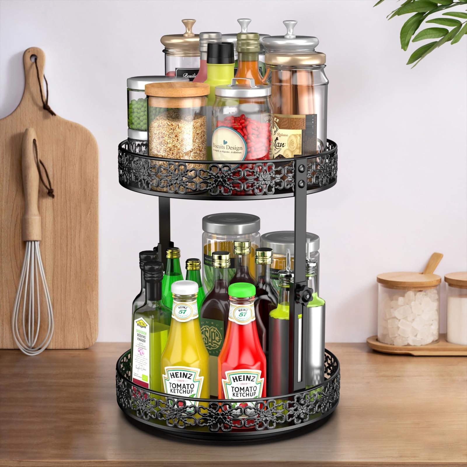 10" Lazy Susan Organizer, 2 Tier Lazy Susan Turntable for Cabinet, Countertop, Kitchen, Pantry, Height Adjustable Rotating Spice Rack Organizer with Non-Slip Pad for Dining, Countertop, Bathroom