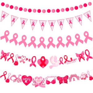 tudomro 5 pcs 118 inches breast cancer awareness decorations pink ribbon pennant banner pink and white hope faith strength courage inspiring flag love bunting wall banner for breast cancer month