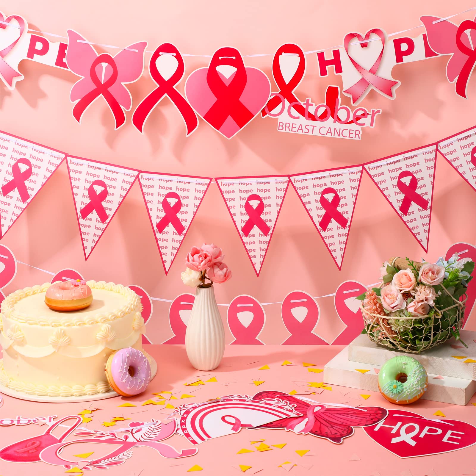 Tudomro 5 Pcs 118 inches Breast Cancer Awareness Decorations Pink Ribbon Pennant Banner Pink and White Hope Faith Strength Courage Inspiring Flag Love Bunting Wall Banner for Breast Cancer Month