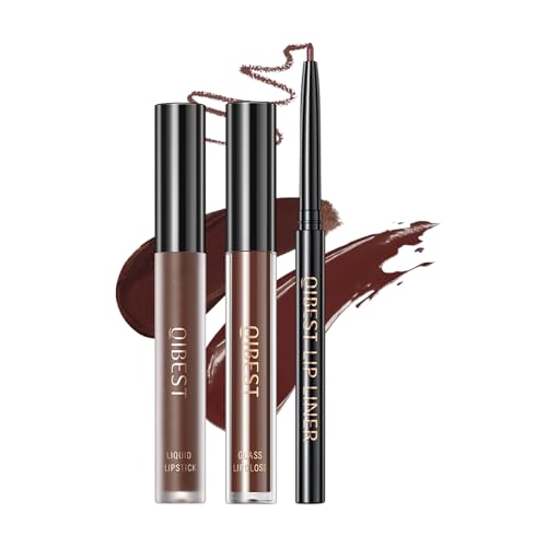 3Pcs Dark Brown Matte Liquid Lipstick, Lip Liner, Lip Gloss Trio Lip Set - One Step Lips Makeup Kits Waterproof Long-Lasting Moisturizing Velvety Nude Lip Stain Make Up Gift Set (11#)