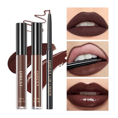 3Pcs Dark Brown Matte Liquid Lipstick, Lip Liner, Lip Gloss Trio Lip Set - One Step Lips Makeup Kits Waterproof Long-Lasting Moisturizing Velvety Nude Lip Stain Make Up Gift Set (11#)