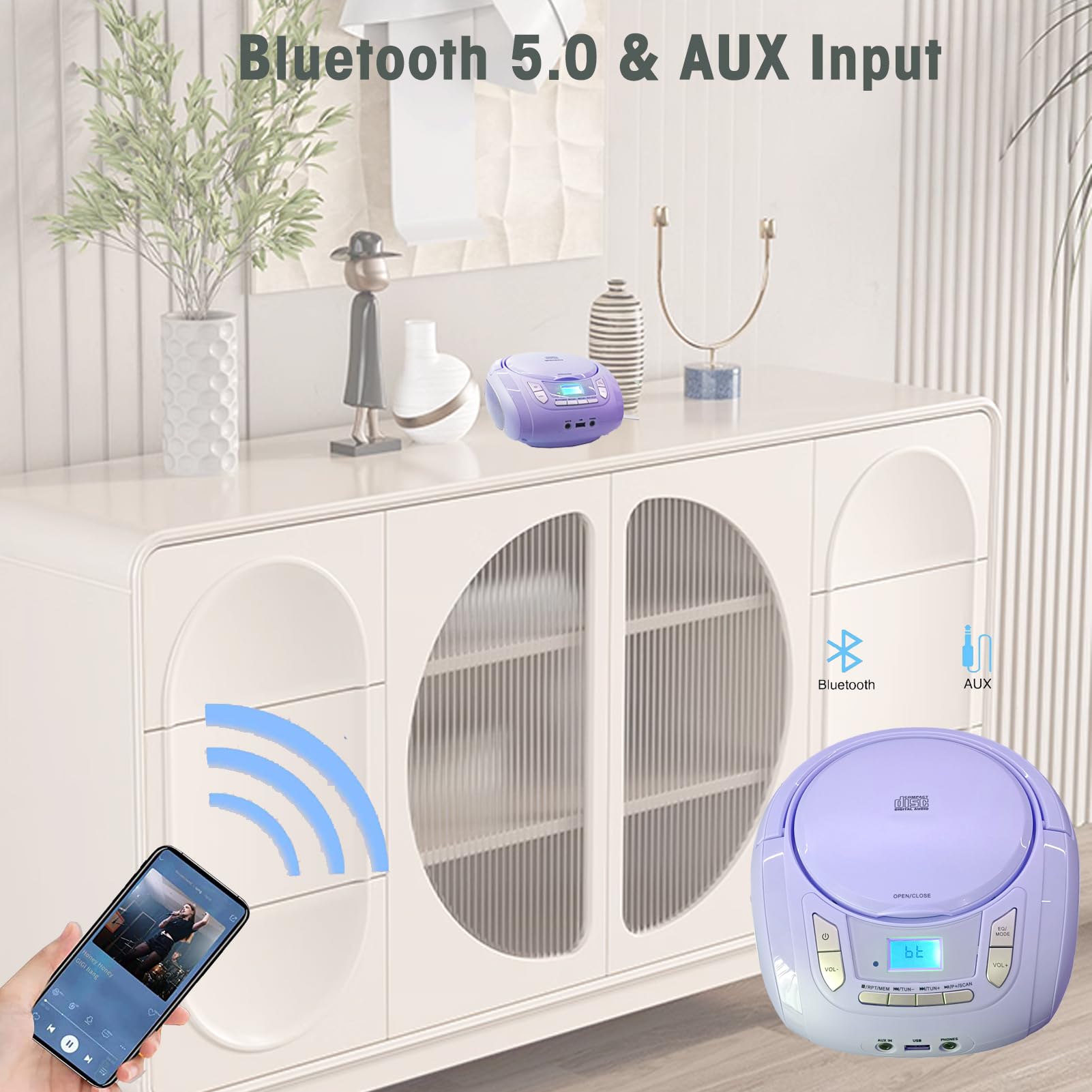 Portable CD Player Boombox with Bluetooth,FM Radio,USB MP3 Playback,AUX-in,Headphone Jack,CD-R/RW and MP3 CDs Compatible,Kids CD Players for Home or Outdoor