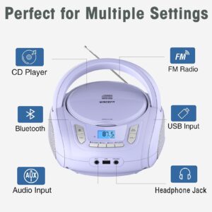 Portable CD Player Boombox with Bluetooth,FM Radio,USB MP3 Playback,AUX-in,Headphone Jack,CD-R/RW and MP3 CDs Compatible,Kids CD Players for Home or Outdoor