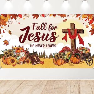 watinc xtralarge fall for jesus banner decorations, fall for jesus he never leaves autumn photography background, pumpkin sunflower decors supplies photo booth prop for wall home classroom